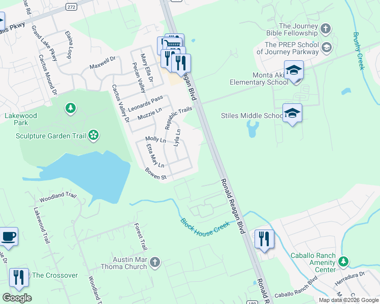 map of restaurants, bars, coffee shops, grocery stores, and more near 2436 Merton Drive in Leander
