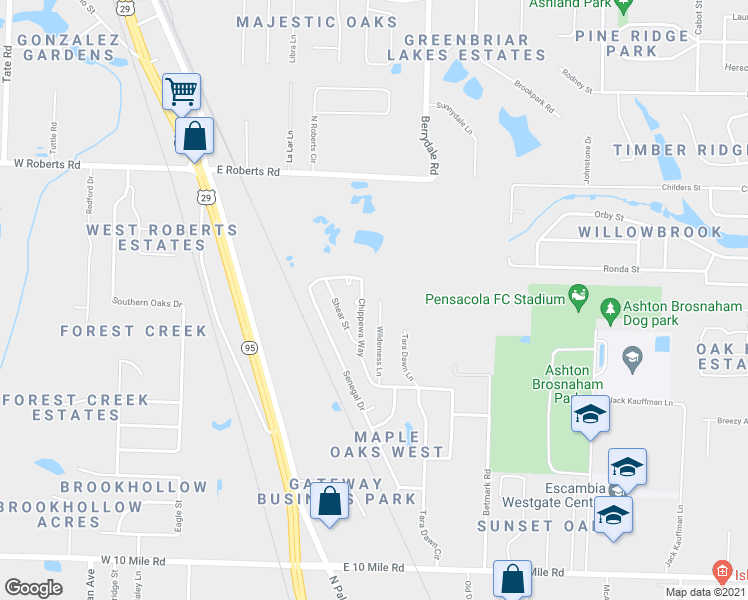 map of restaurants, bars, coffee shops, grocery stores, and more near 10605 Wilderness Lane in Pensacola