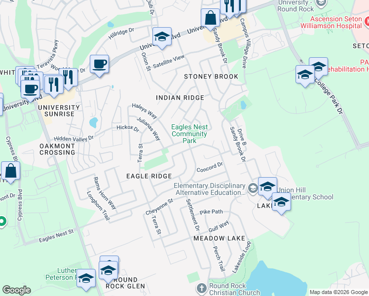 map of restaurants, bars, coffee shops, grocery stores, and more near 3841 Laurel Ridge Drive in Round Rock