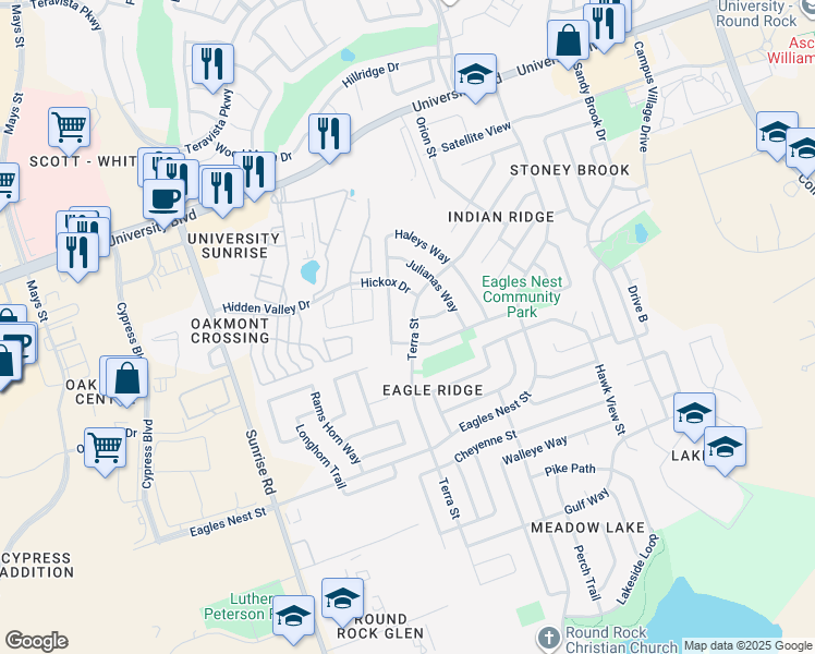 map of restaurants, bars, coffee shops, grocery stores, and more near 1145 Terra Street in Round Rock