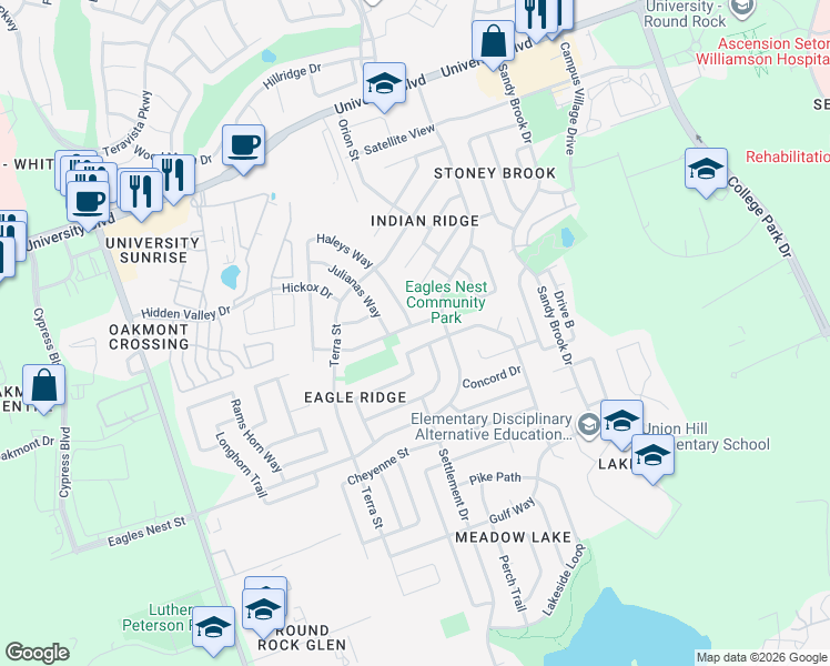 map of restaurants, bars, coffee shops, grocery stores, and more near 3841 Laurel Ridge Drive in Round Rock