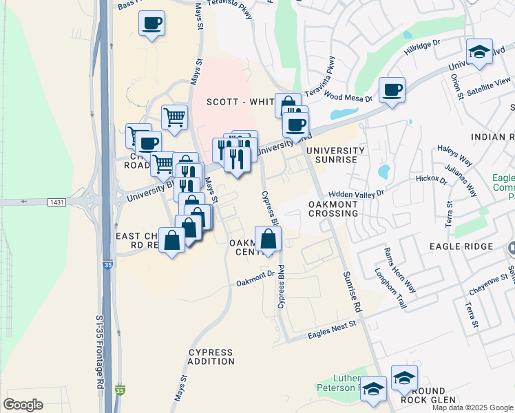map of restaurants, bars, coffee shops, grocery stores, and more near 33 Cypress Boulevard in Round Rock