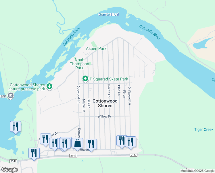 map of restaurants, bars, coffee shops, grocery stores, and more near 756 Pecan Ln in Cottonwood Shores