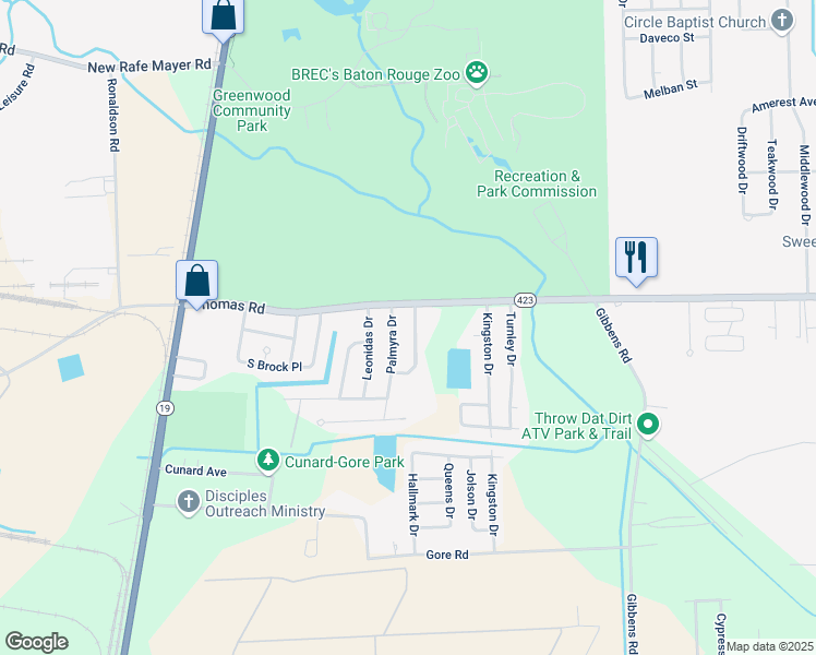 map of restaurants, bars, coffee shops, grocery stores, and more near 12334 Palmyra Drive in Baton Rouge