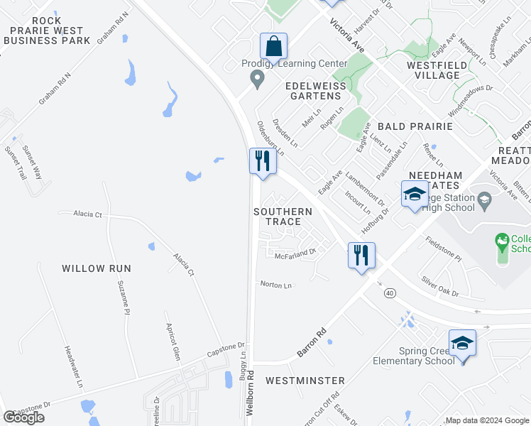 map of restaurants, bars, coffee shops, grocery stores, and more near 4005 Southern Trace Court in College Station