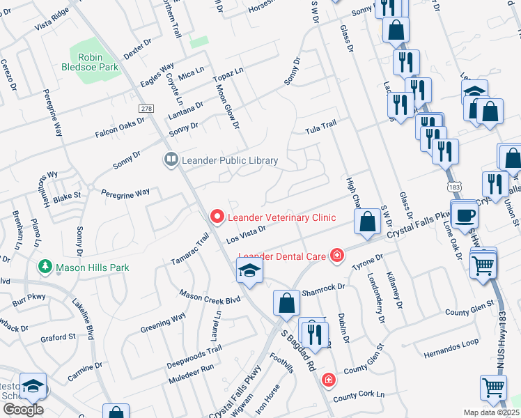 map of restaurants, bars, coffee shops, grocery stores, and more near 1352 Eagle Ridge Trail in Leander