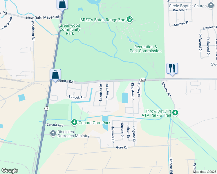 map of restaurants, bars, coffee shops, grocery stores, and more near 12334 Palmyra Drive in Baton Rouge