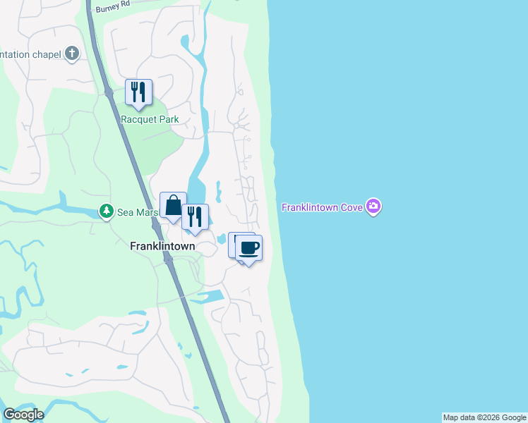 map of restaurants, bars, coffee shops, grocery stores, and more near 313 Sandcastles Court in Fernandina Beach