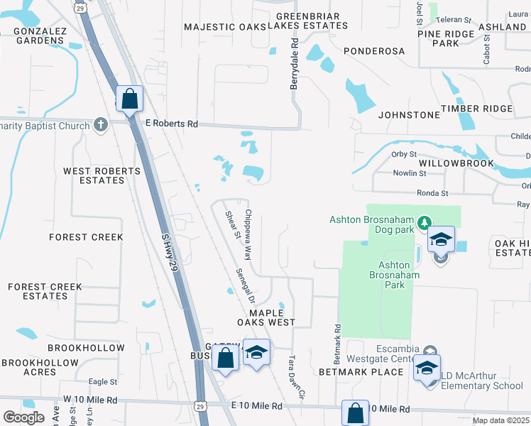 map of restaurants, bars, coffee shops, grocery stores, and more near 10608 Wilderness Lane in Pensacola