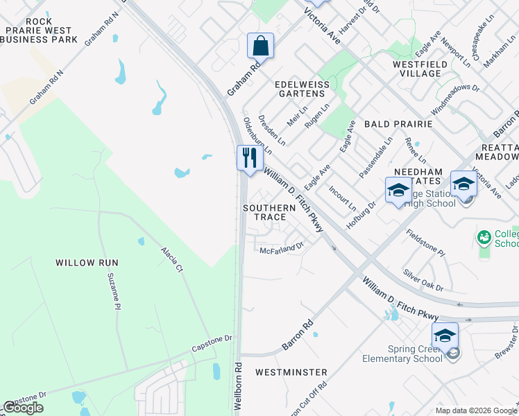 map of restaurants, bars, coffee shops, grocery stores, and more near 4008 Southern Trace Court in College Station
