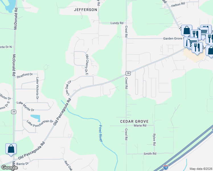 map of restaurants, bars, coffee shops, grocery stores, and more near 7941 Old Pascagoula Road in Theodore