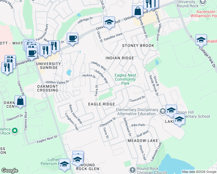 map of restaurants, bars, coffee shops, grocery stores, and more near 3832 Laurel Ridge Drive in Round Rock