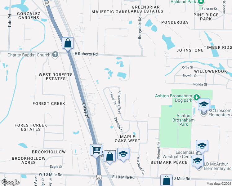 map of restaurants, bars, coffee shops, grocery stores, and more near 10970 Chippewa Way in Pensacola