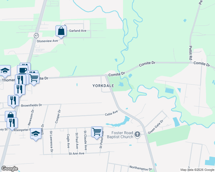 map of restaurants, bars, coffee shops, grocery stores, and more near 12147 Foster Road in Baton Rouge