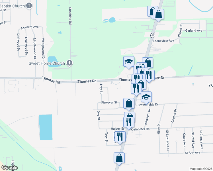 map of restaurants, bars, coffee shops, grocery stores, and more near 5353 Elder Street in Brownfields
