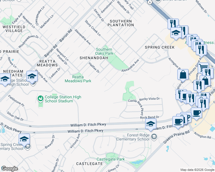 map of restaurants, bars, coffee shops, grocery stores, and more near 1104 Brunswick Court in College Station