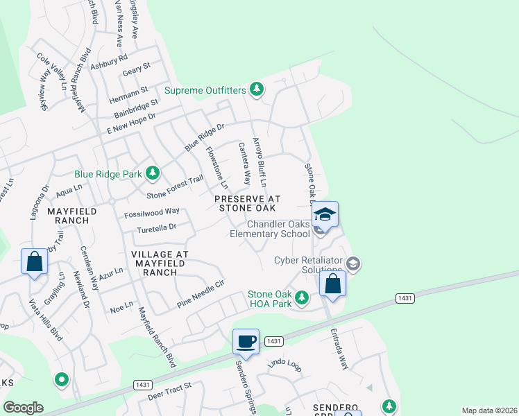 map of restaurants, bars, coffee shops, grocery stores, and more near 4007 Mayfield Cave Trail in Round Rock