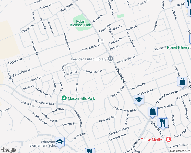map of restaurants, bars, coffee shops, grocery stores, and more near 1204 Volente Lane in Leander