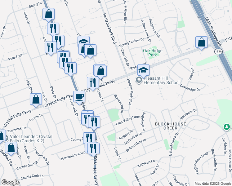 map of restaurants, bars, coffee shops, grocery stores, and more near 1802 Brentwood Drive in Leander