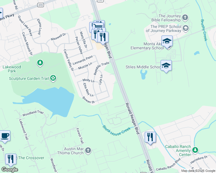map of restaurants, bars, coffee shops, grocery stores, and more near 2436 Merton Drive in Leander