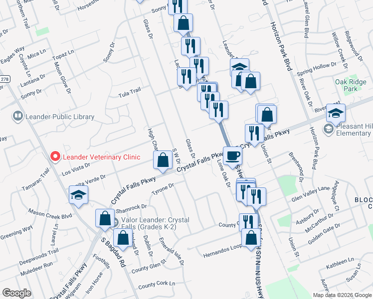 map of restaurants, bars, coffee shops, grocery stores, and more near 1601 Glass Drive in Leander