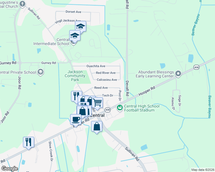 map of restaurants, bars, coffee shops, grocery stores, and more near 13837 Reed Avenue in Baton Rouge