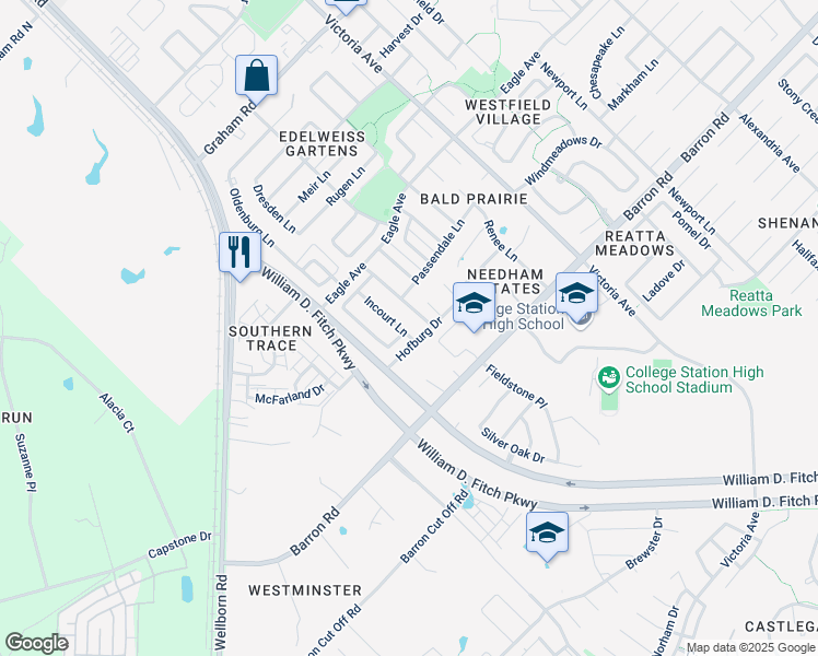 map of restaurants, bars, coffee shops, grocery stores, and more near 3925 Incourt Lane in College Station