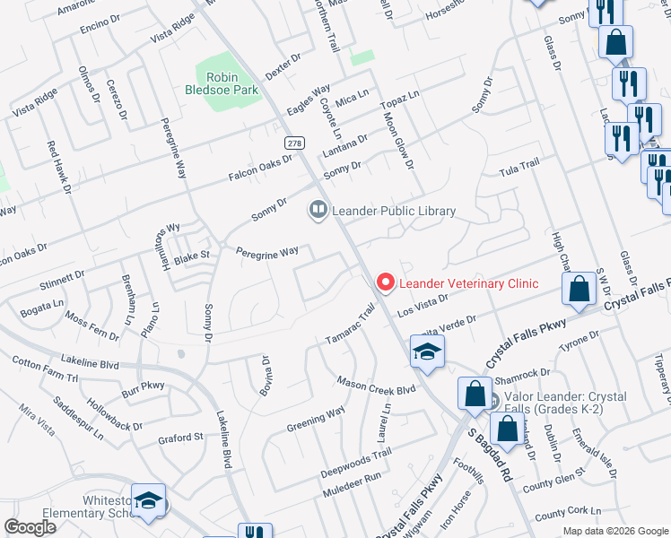 map of restaurants, bars, coffee shops, grocery stores, and more near 1203 Still Meadow Drive in Leander