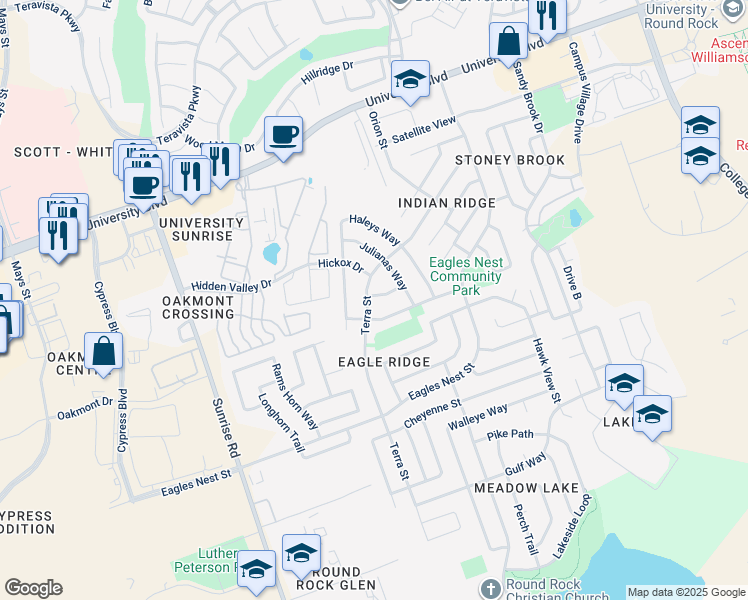 map of restaurants, bars, coffee shops, grocery stores, and more near 1145 Terra St in Round Rock