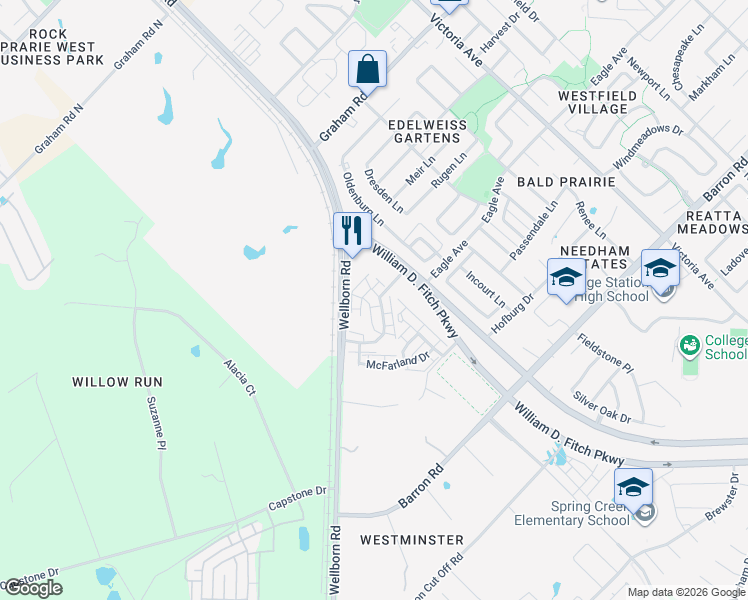 map of restaurants, bars, coffee shops, grocery stores, and more near 4008 Southern Trace Court in College Station