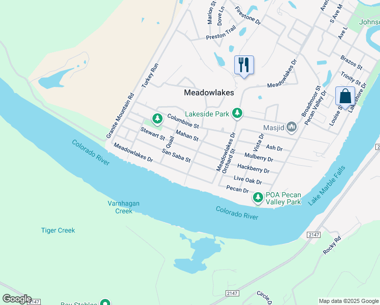 map of restaurants, bars, coffee shops, grocery stores, and more near 317 Stewart St in Meadowlakes