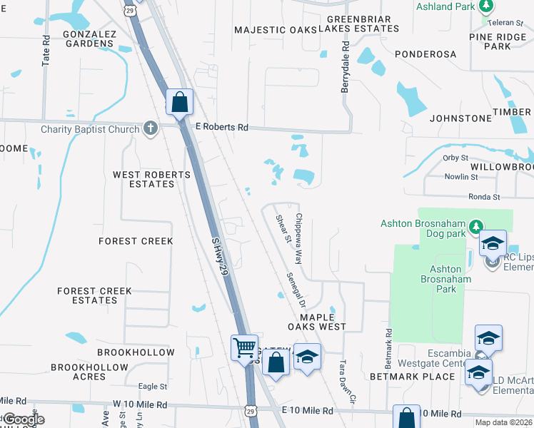 map of restaurants, bars, coffee shops, grocery stores, and more near 10668 Senegal Drive in Pensacola