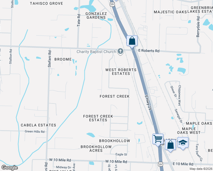 map of restaurants, bars, coffee shops, grocery stores, and more near 2555 Southern Oaks Drive in Gonzalez