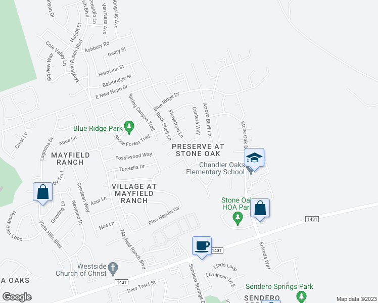 map of restaurants, bars, coffee shops, grocery stores, and more near 3412 Flowstone Lane in Round Rock