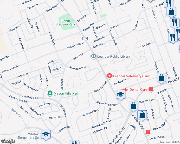 map of restaurants, bars, coffee shops, grocery stores, and more near 1212 Nightshade Lane in Leander