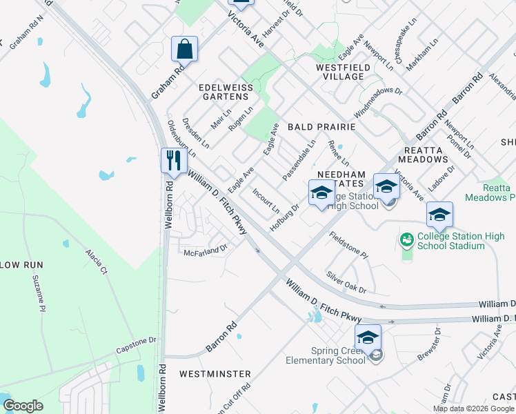 map of restaurants, bars, coffee shops, grocery stores, and more near 133 Roucourt Loop in College Station