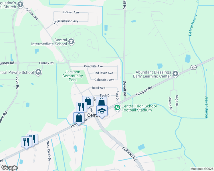 map of restaurants, bars, coffee shops, grocery stores, and more near 13837 Reed Avenue in Baton Rouge