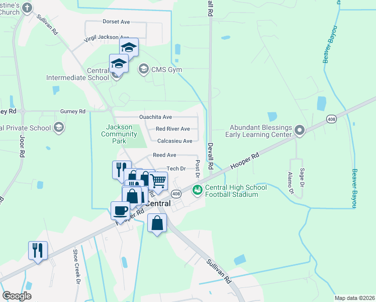 map of restaurants, bars, coffee shops, grocery stores, and more near 13837 Reed Avenue in Baton Rouge