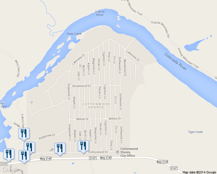 map of restaurants, bars, coffee shops, grocery stores, and more near 756 Pine Ln in Cottonwood Shores