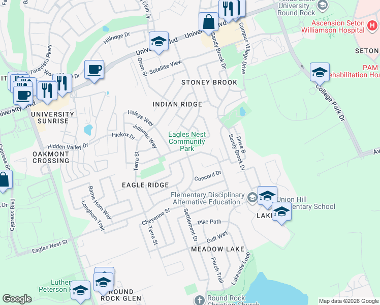 map of restaurants, bars, coffee shops, grocery stores, and more near 3809 Hawk View Street in Round Rock