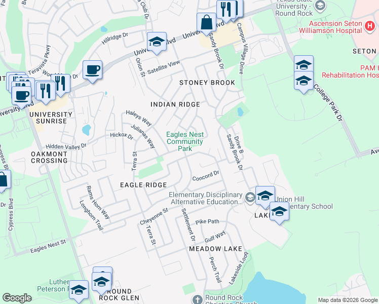 map of restaurants, bars, coffee shops, grocery stores, and more near 3809 Hawk View Street in Round Rock