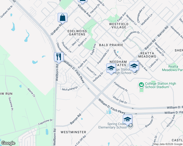 map of restaurants, bars, coffee shops, grocery stores, and more near 133 Roucourt Loop in College Station