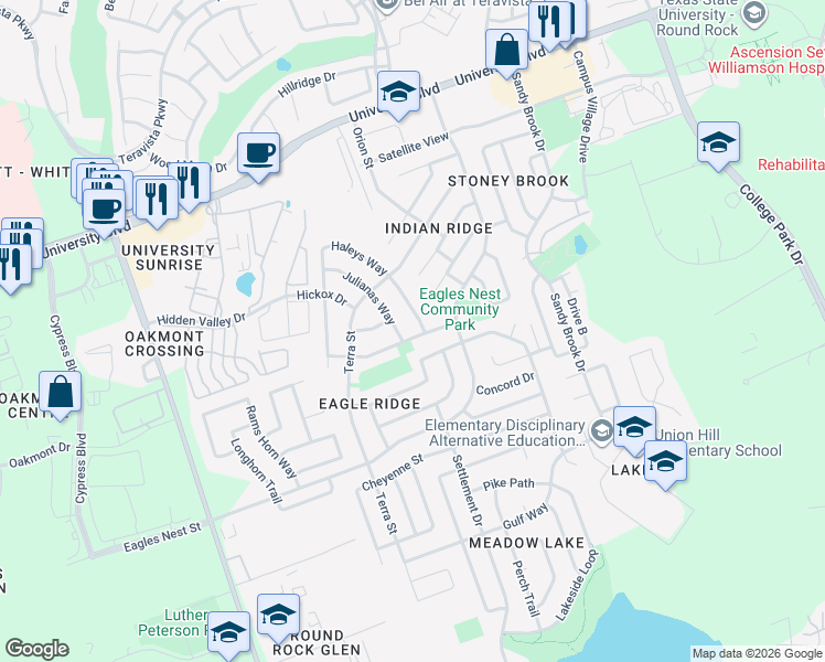 map of restaurants, bars, coffee shops, grocery stores, and more near 3841 Laurel Ridge Drive in Round Rock
