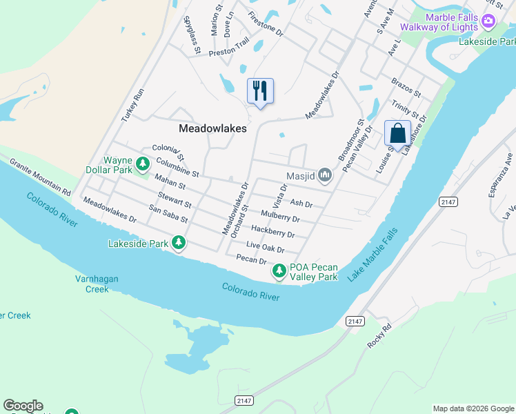 map of restaurants, bars, coffee shops, grocery stores, and more near 1207 Mulberry Drive in Marble Falls