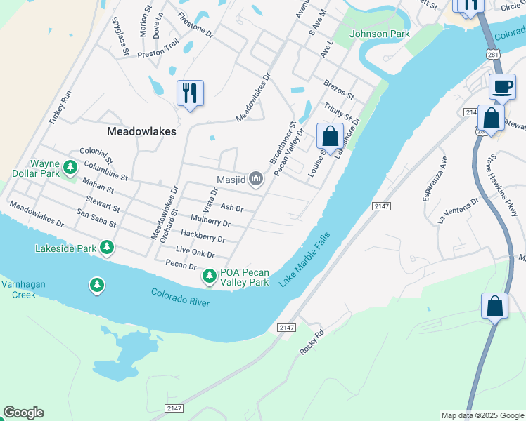 map of restaurants, bars, coffee shops, grocery stores, and more near 1303 Pecan Valley Drive in Marble Falls