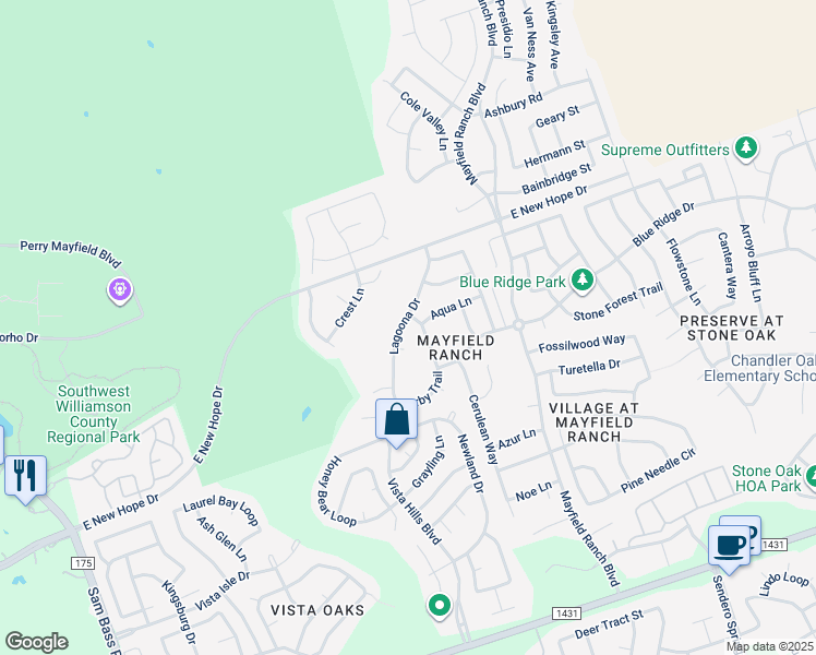 map of restaurants, bars, coffee shops, grocery stores, and more near 3815 Lagoona Drive in Round Rock