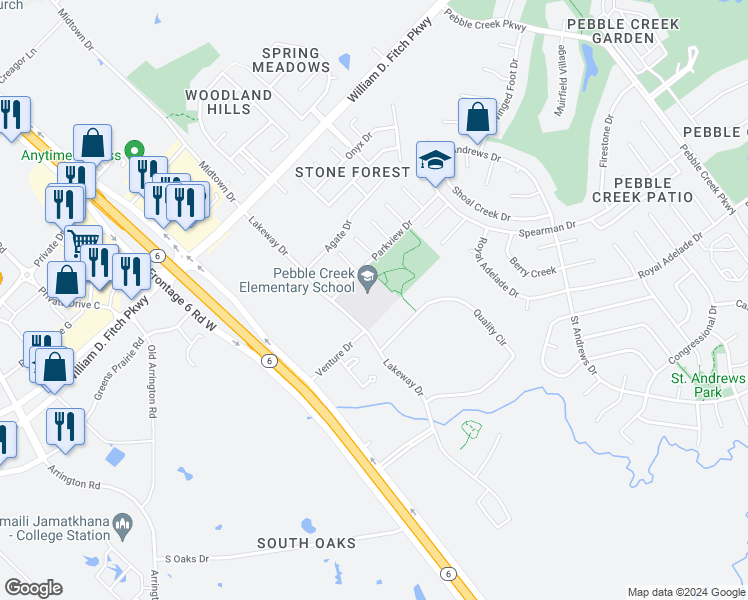 map of restaurants, bars, coffee shops, grocery stores, and more near 200 Parkview Drive in College Station