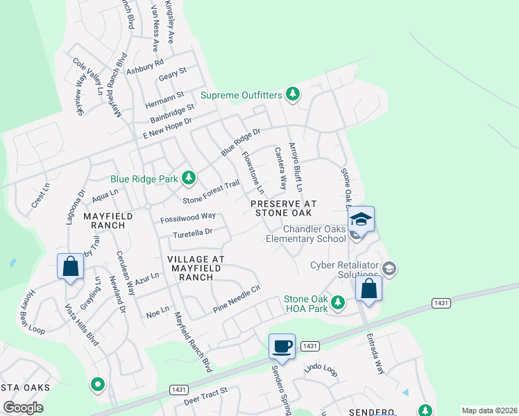 map of restaurants, bars, coffee shops, grocery stores, and more near 3412 Flowstone Lane in Round Rock