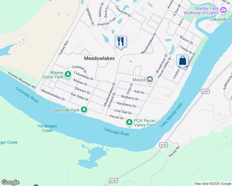 map of restaurants, bars, coffee shops, grocery stores, and more near 1207 Mulberry Drive in Marble Falls