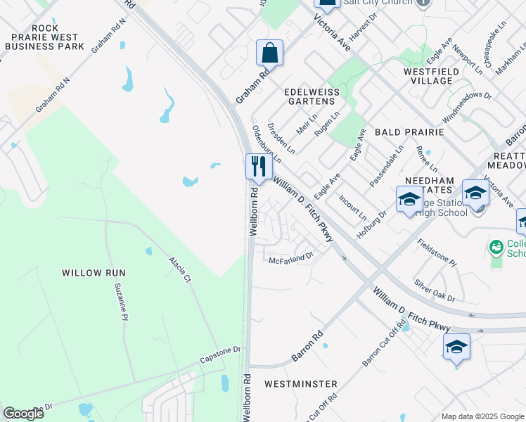 map of restaurants, bars, coffee shops, grocery stores, and more near 4009 Southern Trace Court in College Station